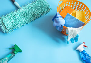 Composition with accessories for home cleaning and keeping clean copy space.